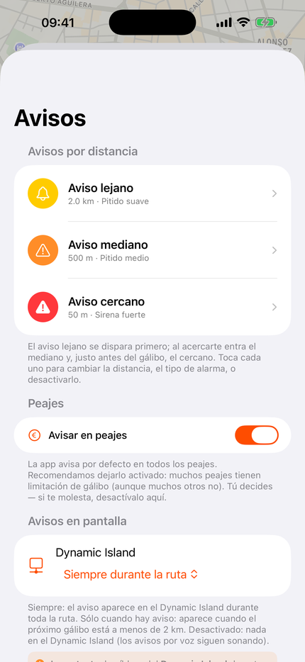 Ajustes de los tres niveles de aviso