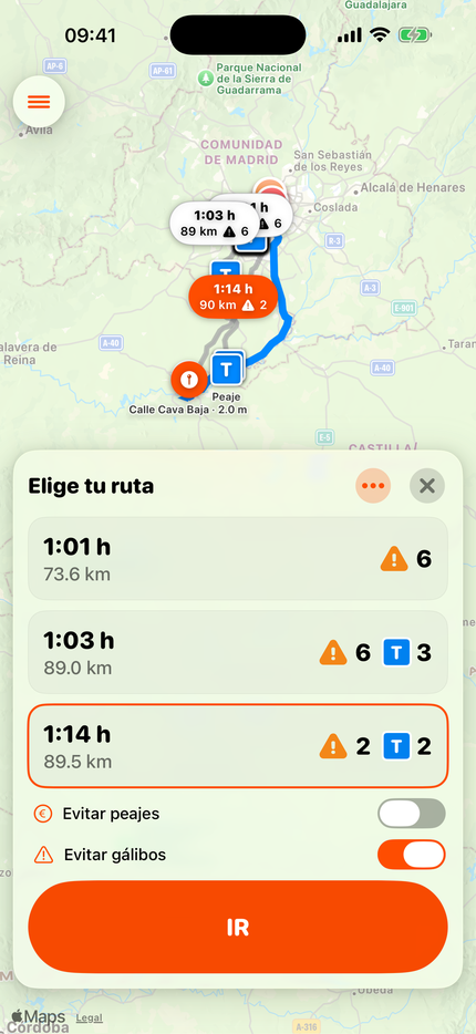 Comparativa de rutas con los gálibos y peajes de cada una