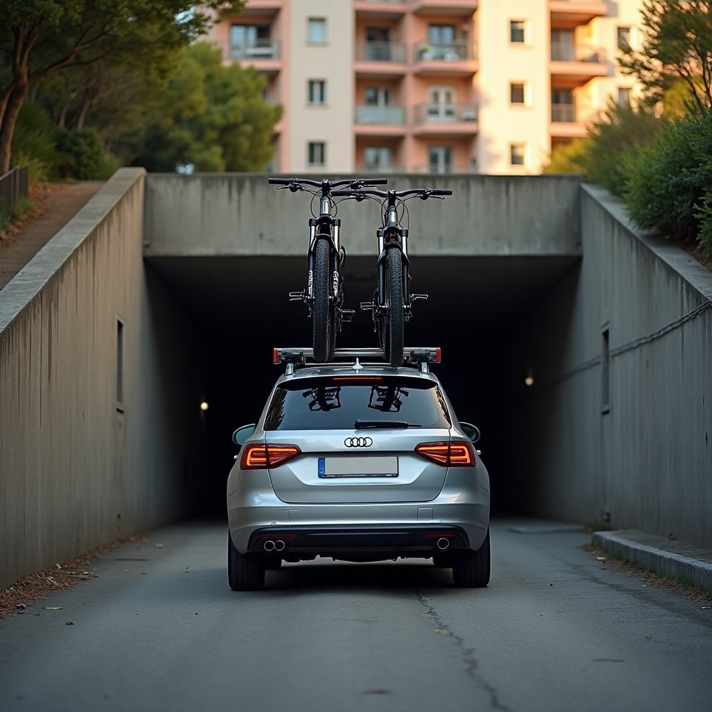 Vehículo con bicicletas en el techo accediendo a un garaje subterráneo