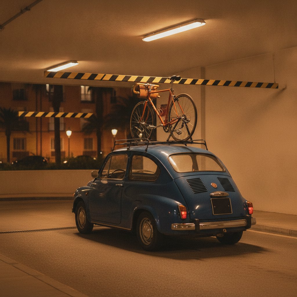 Coche con una bici en el techo ante la barra limitadora de altura de un parking
